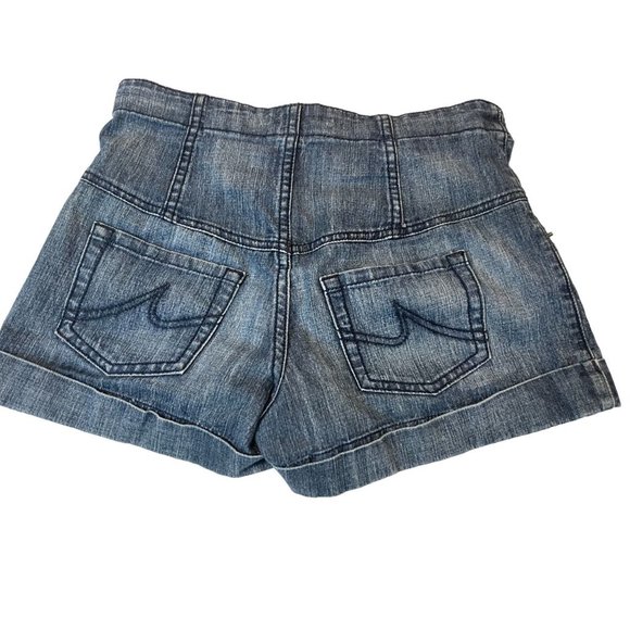 Forever 21 Womens High Waist Denim Shorts Roll Cuffed Hem Button Fly Blue SZ 28 - Picture 2 of 7